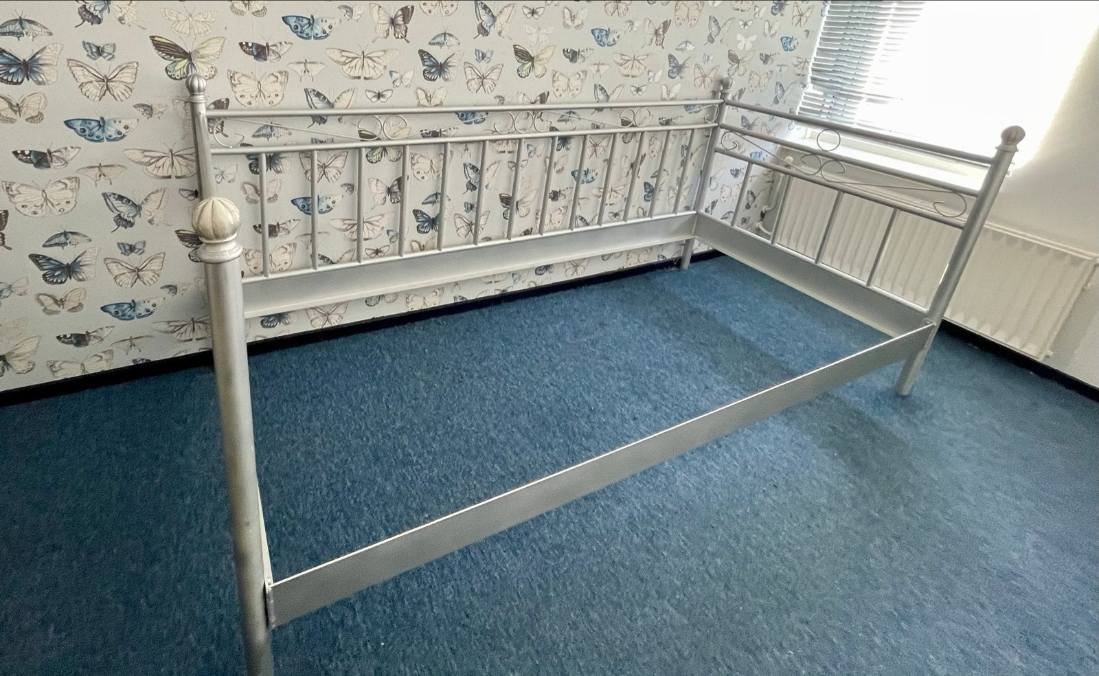 Spijlen bedbank eenpersoons zilver gespoten, Ophalen, Gebruikt, 90 cm, 200 cm