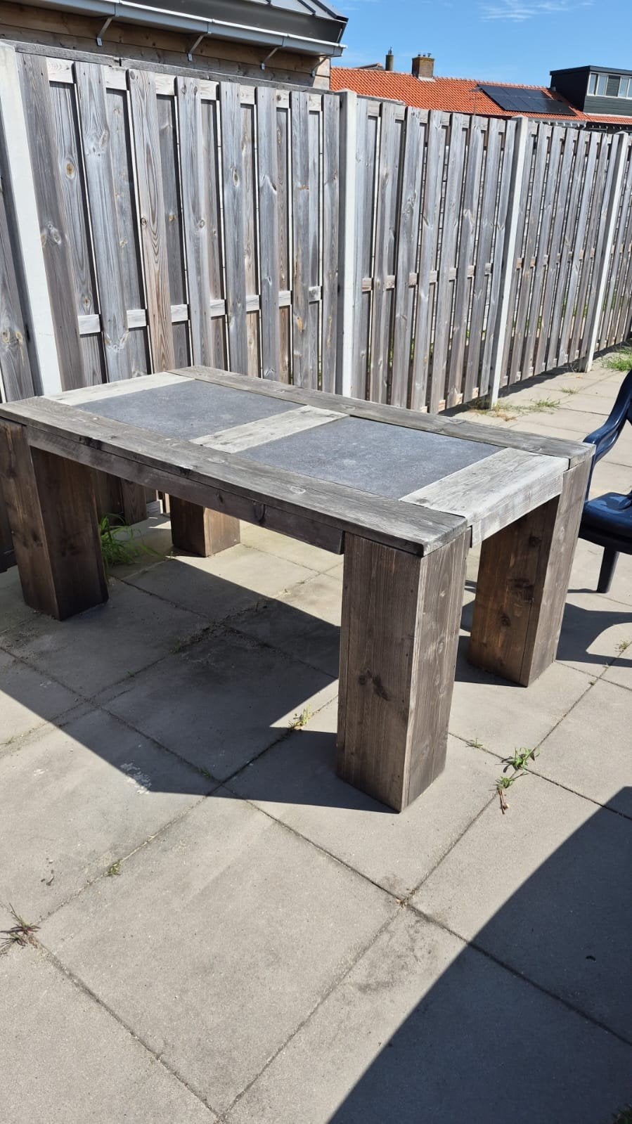 Robuuste houten tuintafel met stenen blad, Tuin en Terras, Tuintafels, Ophalen, Gebruikt, Rechthoekig, Hout