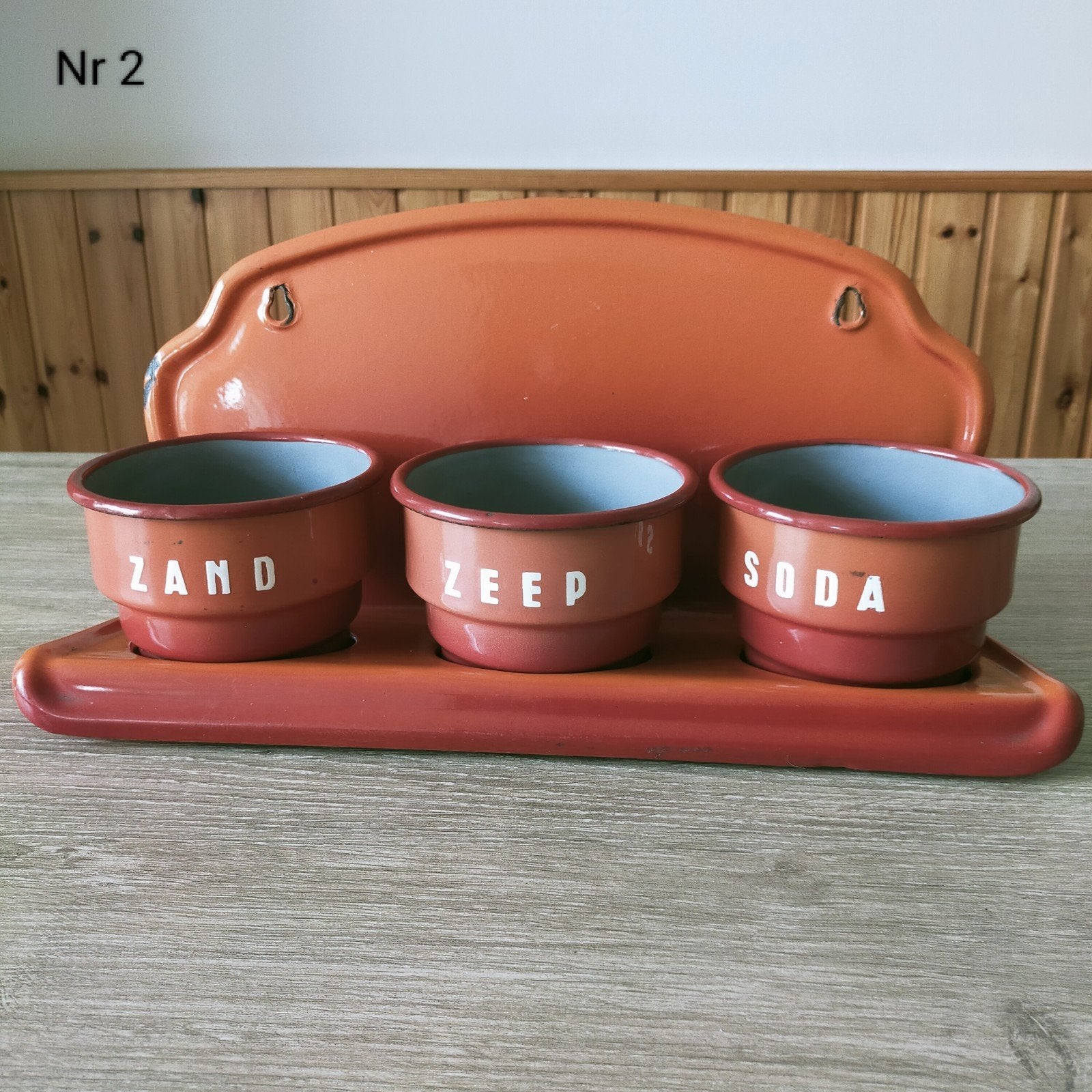 EMAILLE GEVLAMD/TERRACOTTA ZAND ZEEP EN SODA MET REKJE., Antiek en Kunst, Antiek | Emaille, Ophalen of Verzenden