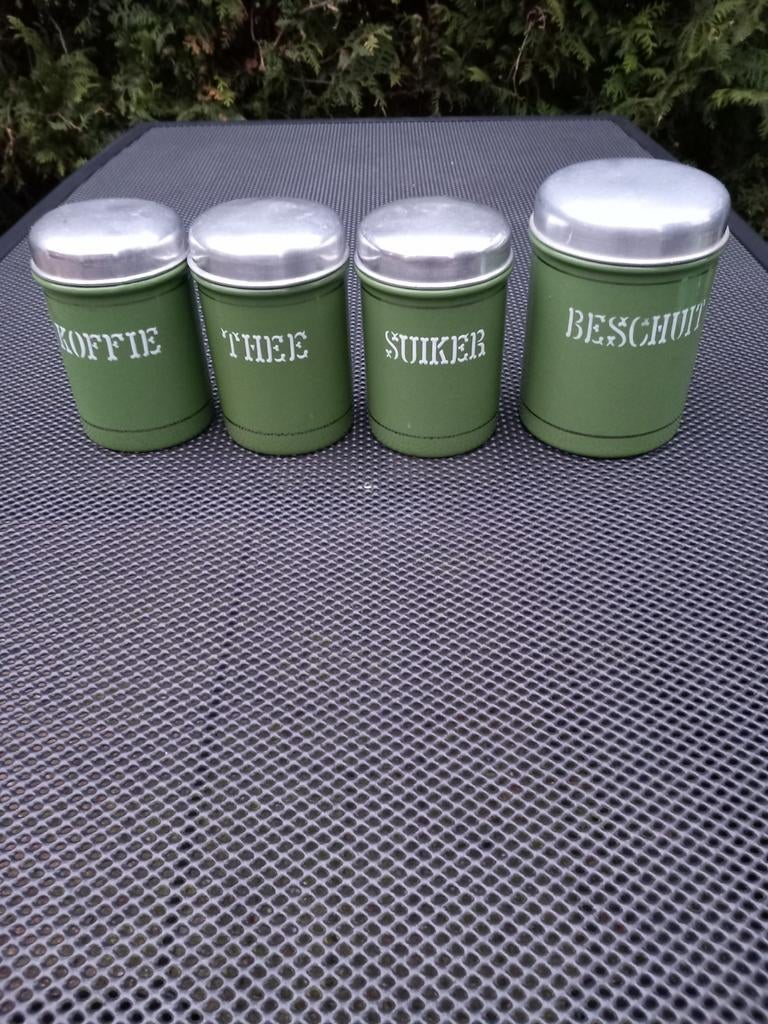 Resedagroen emaille beschuit - koffie- thee- suikerbussen BK, Ophalen of Verzenden