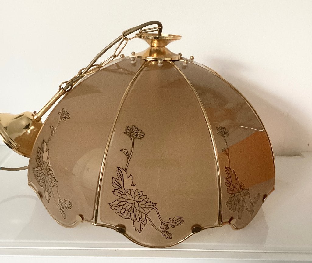 Vintage retro jaren 70 Hollywood Regency rookglas lamp, Gebruikt, Ophalen of Verzenden, Glas, Vintage jaren 70 Regency