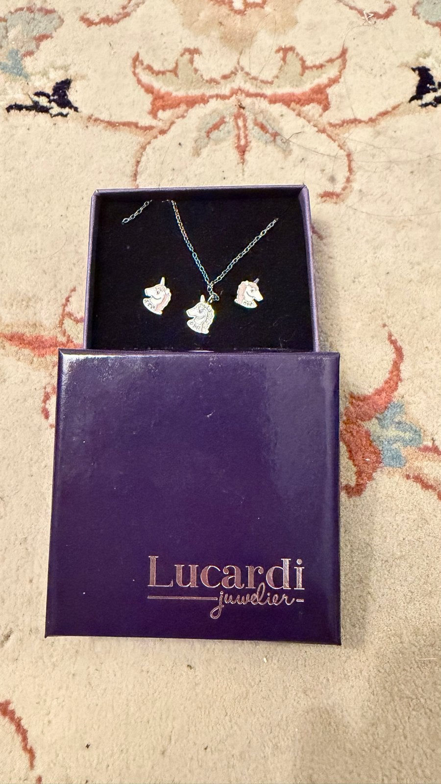 Lucardi Eenhoorn Ketting en Oorbellen Set, Ophalen of Verzenden, Nieuw, Zilver, Ketting