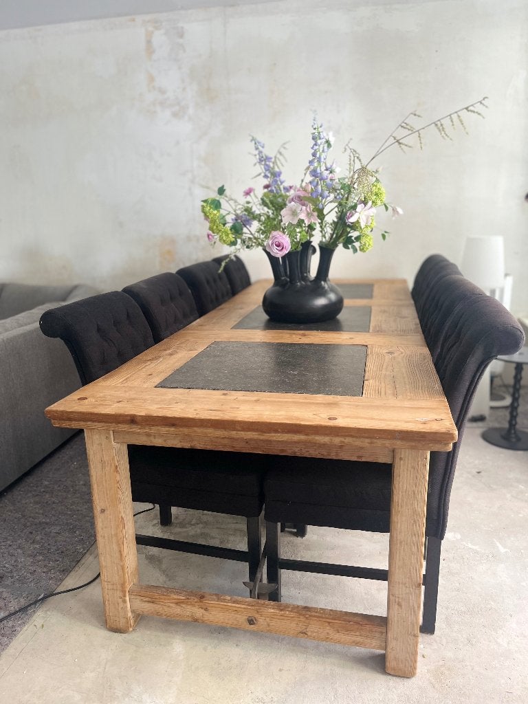 Rob. landelijke eettafel 8st./mass. uitstr.&hardstenen inleg, Huis en Inrichting, Tafels | Eettafels, Ophalen, Gebruikt, 200 cm of meer
