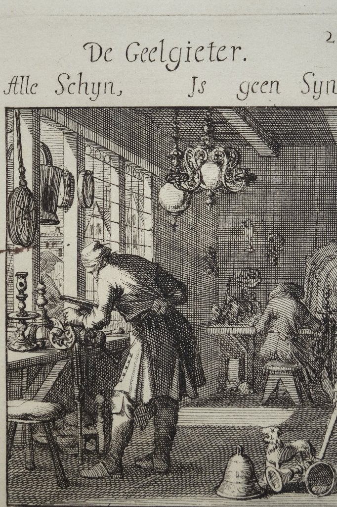 gravure geelgieter werkt aan kandelaars, J. Luyken 1694, Dagelijks leven, Verzenden, 1600 - 1699, Gravure