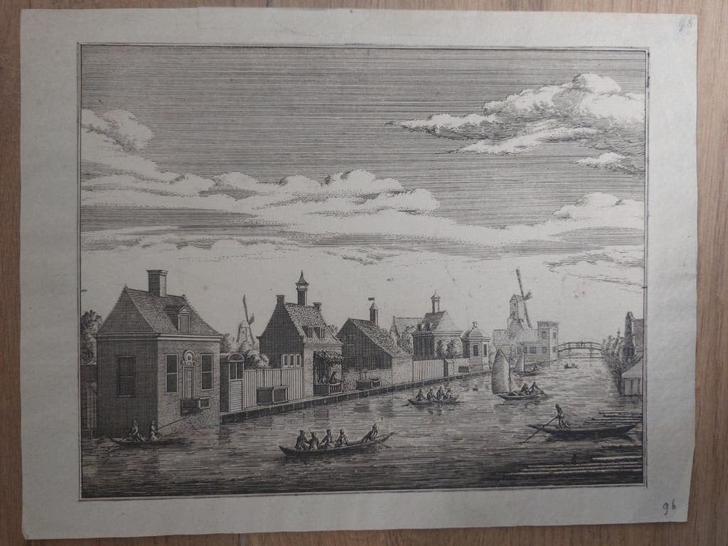 96 Stadlander Brug t.h.v. Albert Cuypstraat te Amsterdam, Stadsgezicht, Ophalen of Verzenden, Gravure, 15 cm