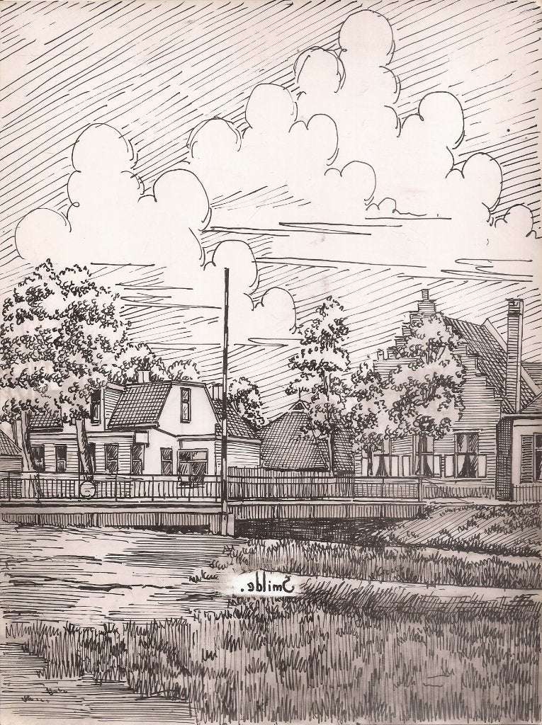Smilde Dorpsgezicht met kanaal en brug 1948 Tekening Sievers, Antiek en Kunst, Kunst | Tekeningen en Foto's, Ophalen of Verzenden