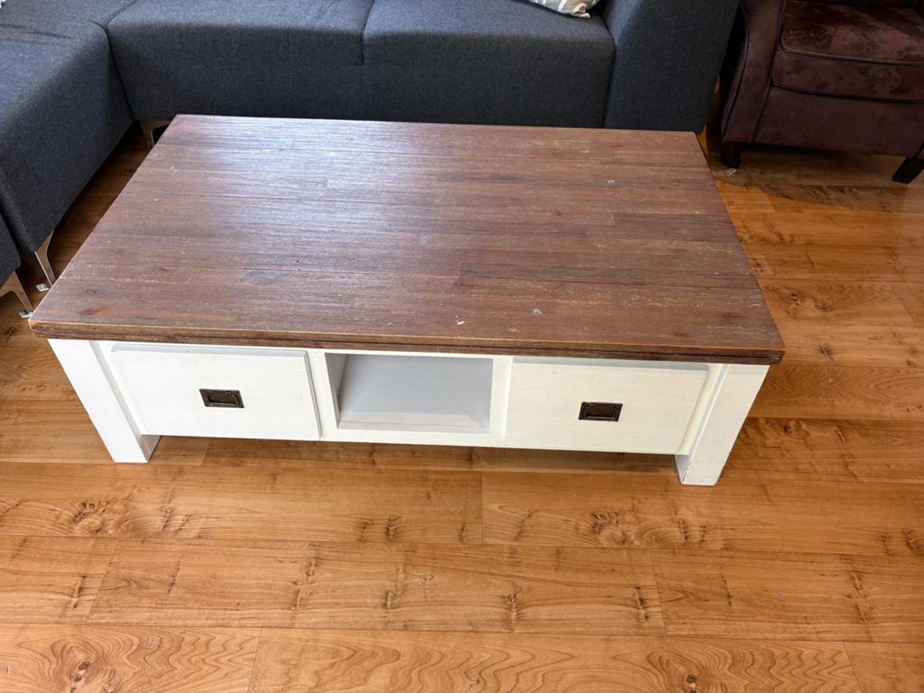 Robuuste salontafel met lades - Hout en wit, Huis en Inrichting, Tafels | Salontafels, Zo goed als nieuw, 50 tot 100 cm, 100 tot 150 cm