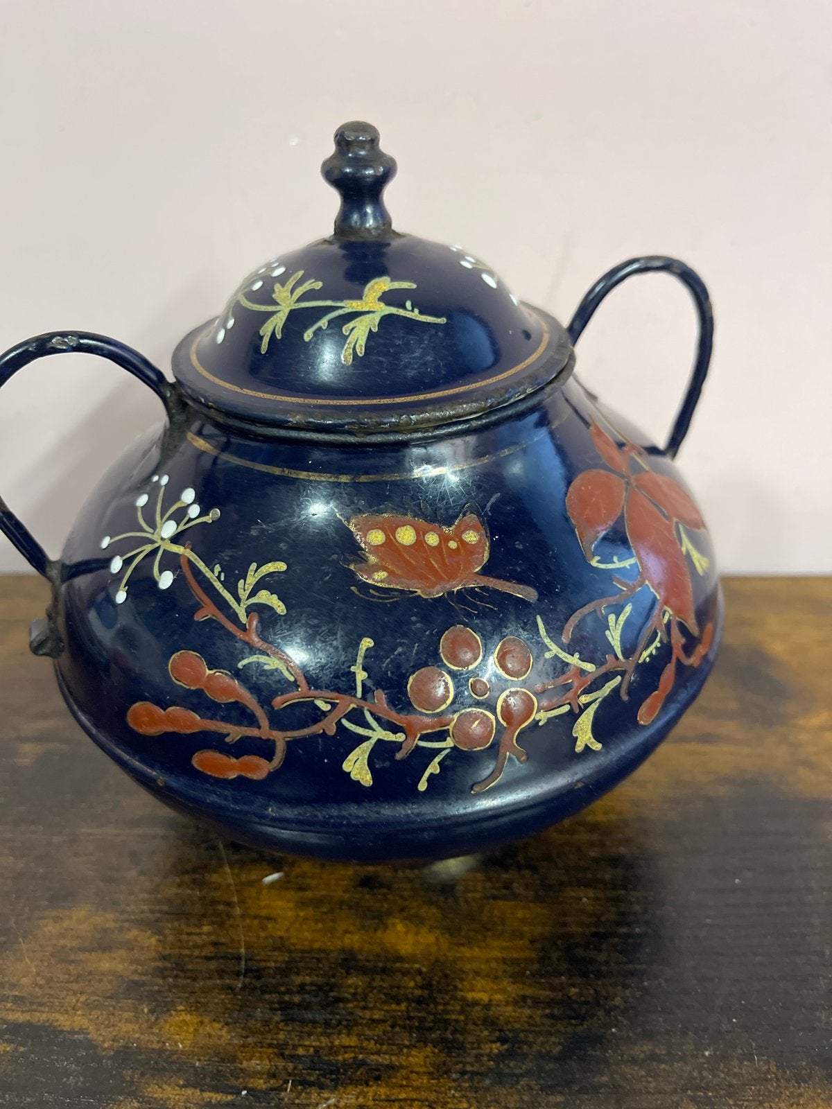 Antieke geëmailleerde suikerpot met bloemmotief, Antiek en Kunst, Antiek | Emaille, Ophalen of Verzenden