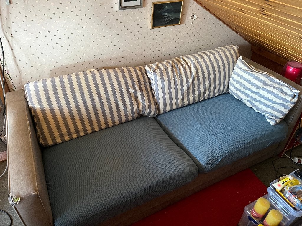 Slaapbank inclusief binnen veren matras en Ikea topper, Ophalen, Gebruikt, Blauw, Tweepersoons