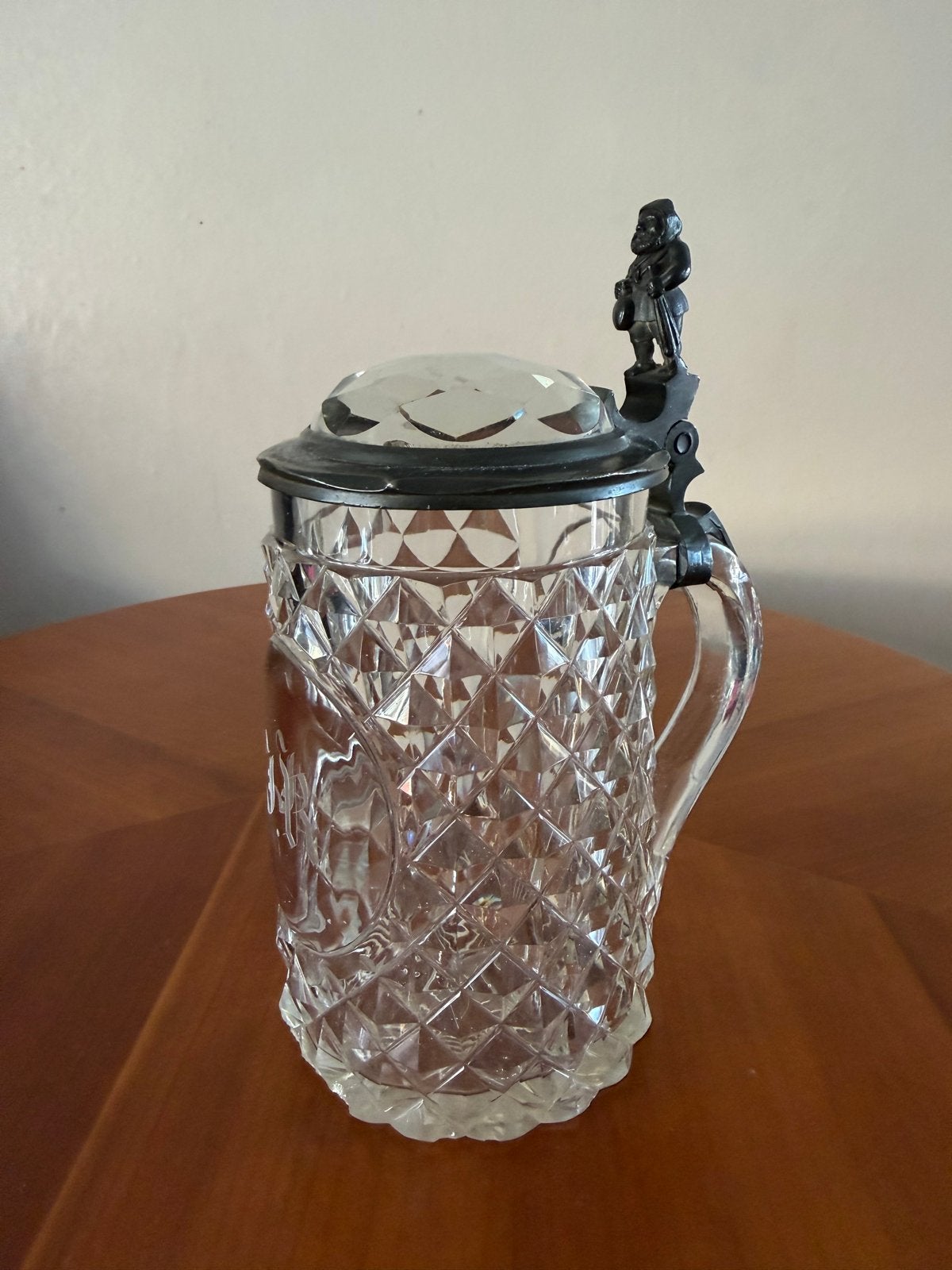 Antieke kristallen bierpul met tinnen deksel en figuur, Ophalen of Verzenden