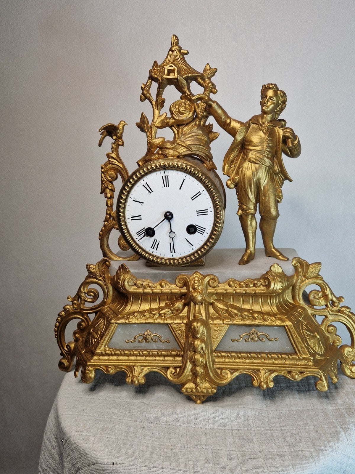Antieke Franse pendule, verguld brons, marmer, Japy Freres, Ophalen