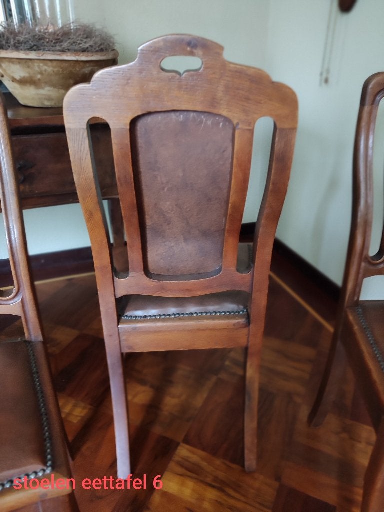 5 antieke met leer beklede eetkamerstoelen, Ophalen