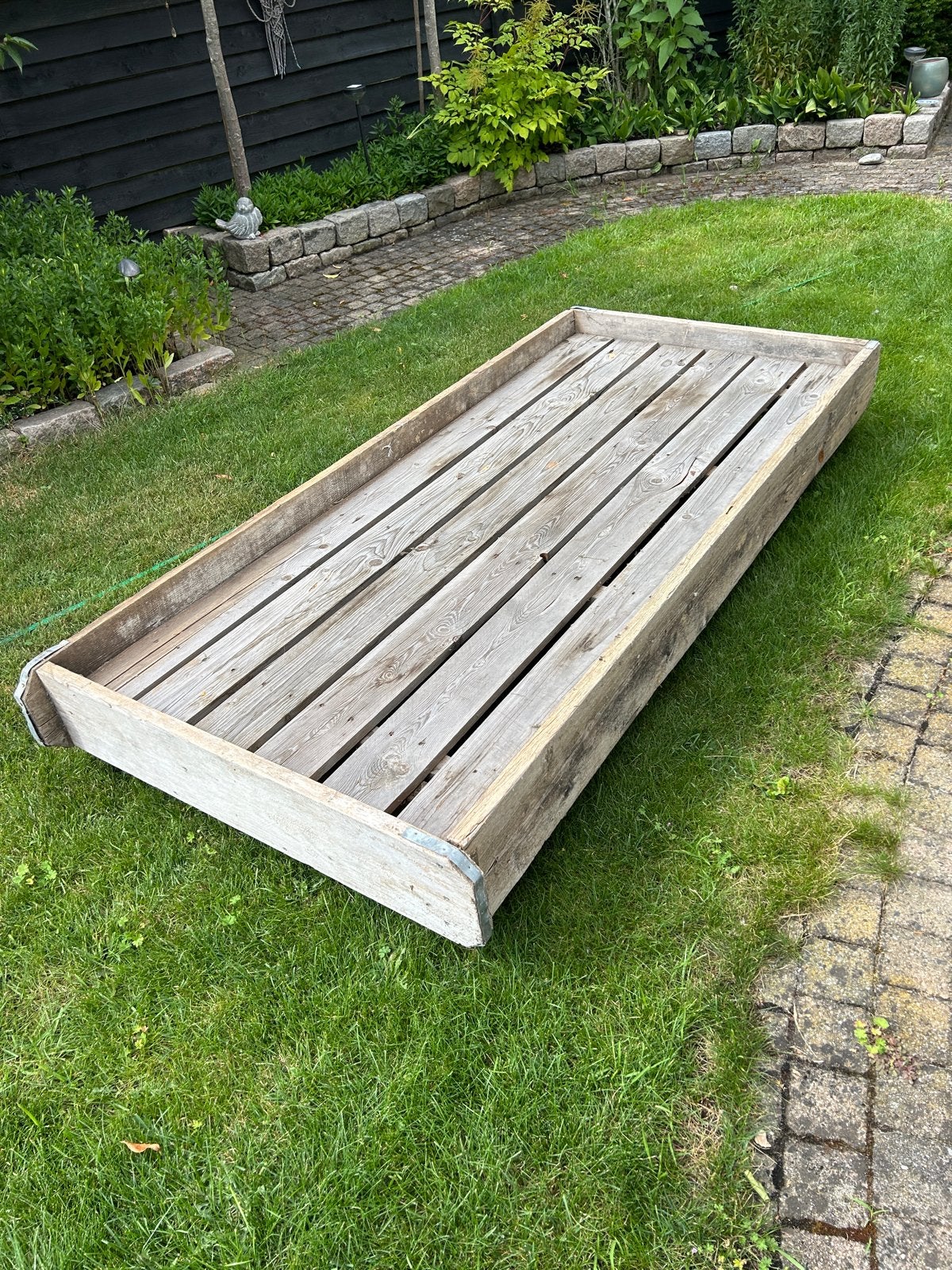 Steigerhouten zonnebed op zwenkwielen, Ophalen, Gebruikt, Hout, Verrijdbaar