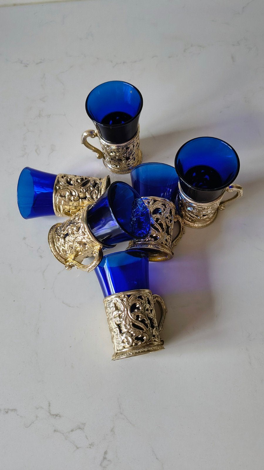 Set van 6 kobaltblauwe glaasjes met houders, Ophalen of Verzenden, Zo goed als nieuw, Overige typen