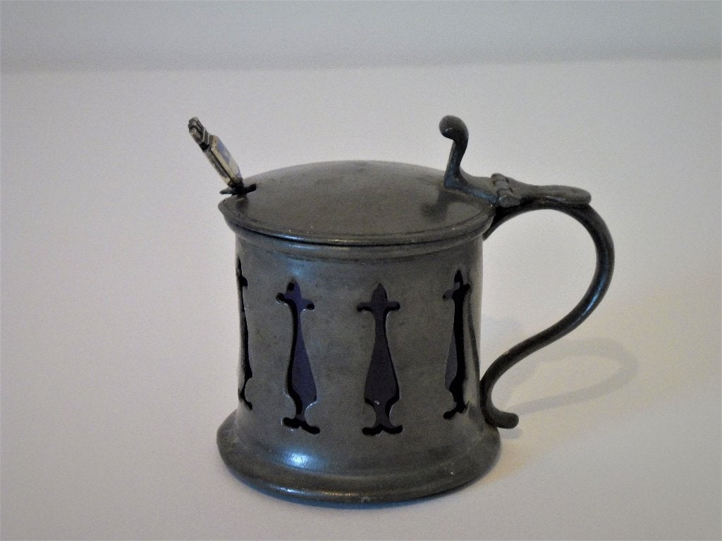 Antiek tinnen mosterdpot deksel pot duimrust blauw glas, Ophalen of Verzenden
