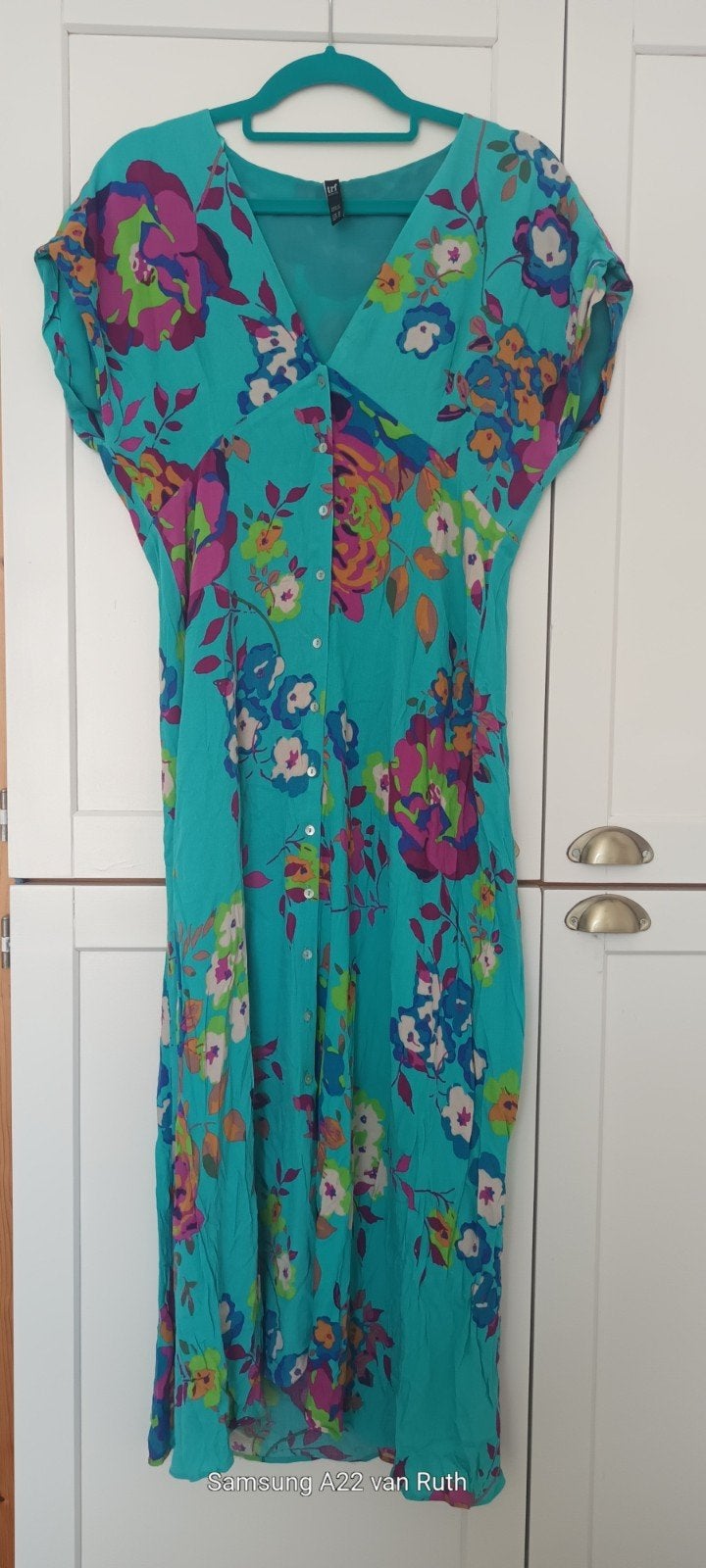 Zara Turquoise Midi Jurk met Bloemen en V-hals, 36/38, Zara, Ophalen of Verzenden, Zo goed als nieuw, Maat 36 (S)