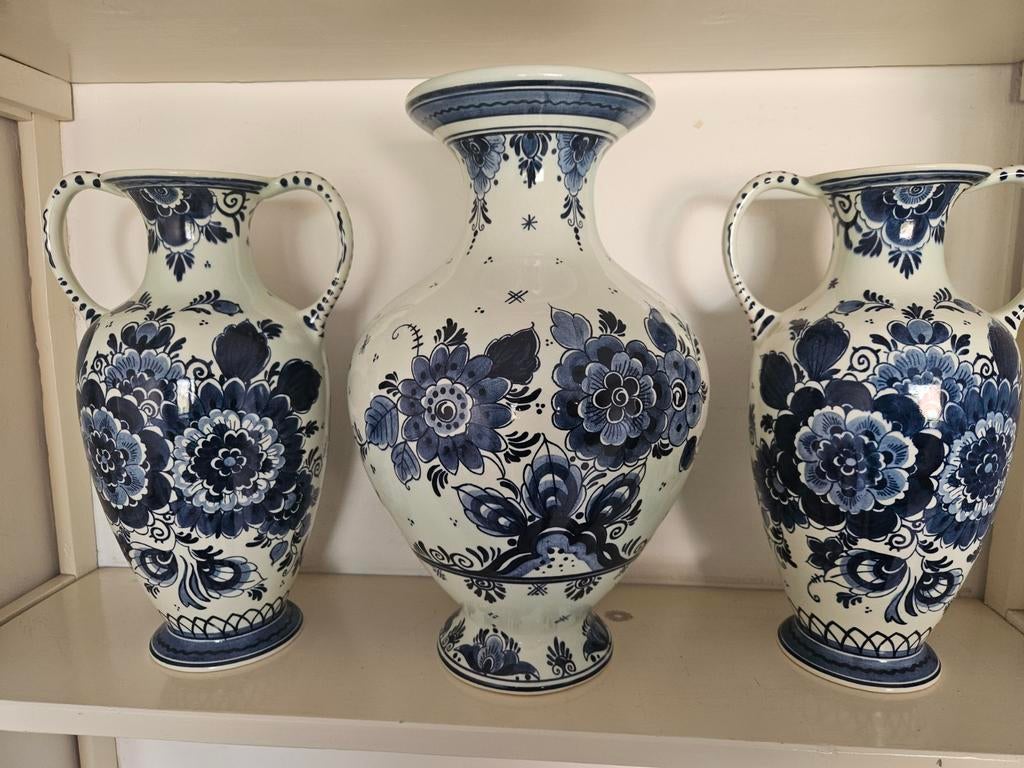 Prachtige Delfts Blauwe Vazen Set - Handgeschilderd, Antiek en Kunst, Ophalen of Verzenden