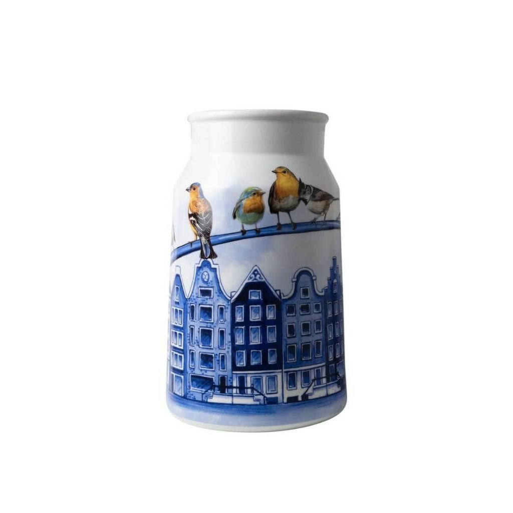Heinen Delfts Blauw Vaas Melkbus Grachtenpanden 32 cm, 32 cm, Nieuw, Ophalen of Verzenden, Steen/keramiek