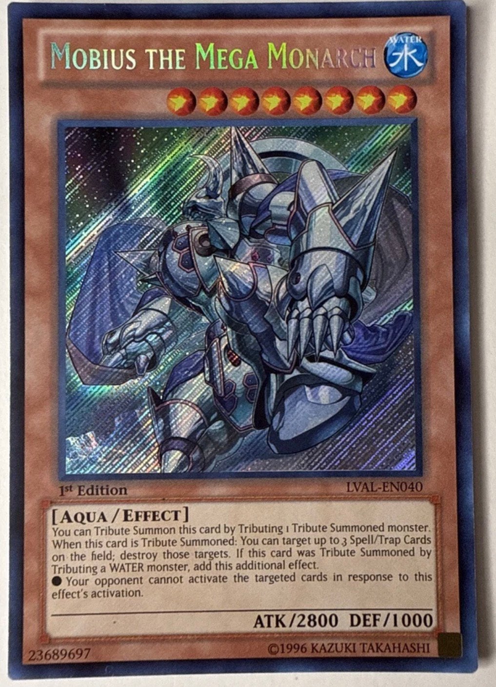 Yu-Gi-Oh! Mobius the Mega Monarch LVAL 1st Edition !, Ophalen of Verzenden, Zo goed als nieuw, Losse kaart, Foil