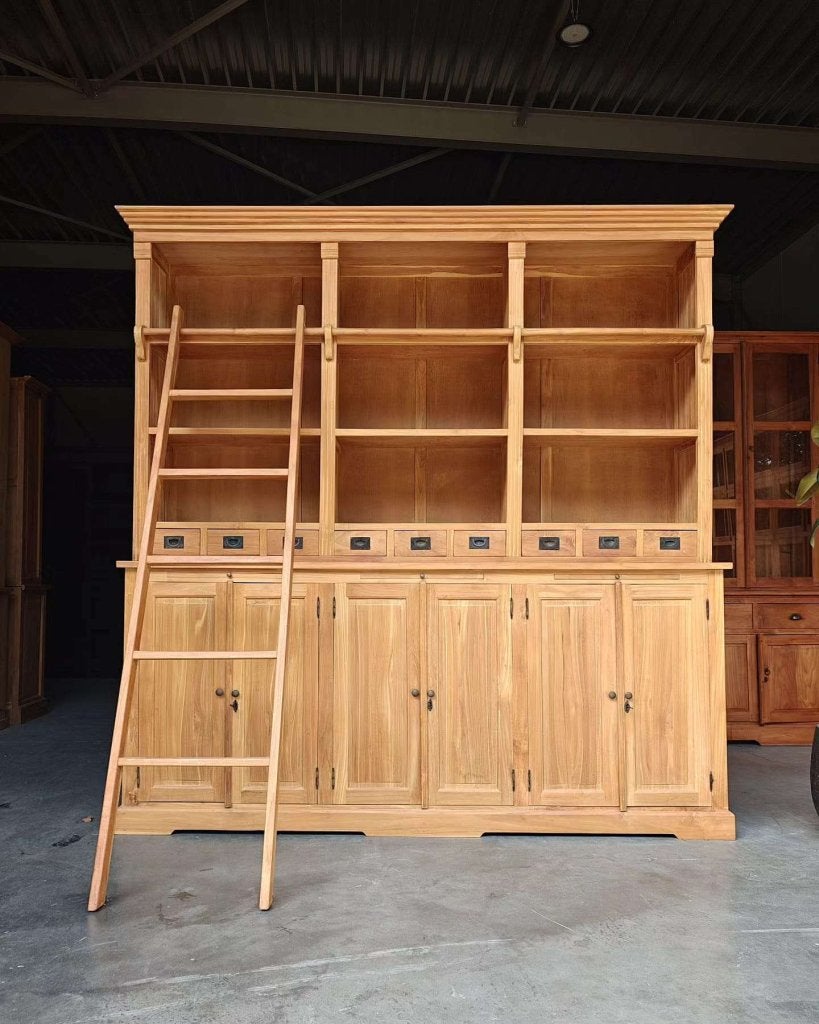 Grote teakhouten boekenkast | Teak kast met ladder  #9402, Huis en Inrichting, Gebruikt, -, 200 cm of meer, -