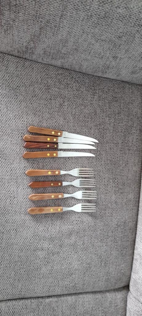4 Bistro Vorken en Messen Set - Houten Handvat, Ophalen, Gebruikt, Hout, Los bestek