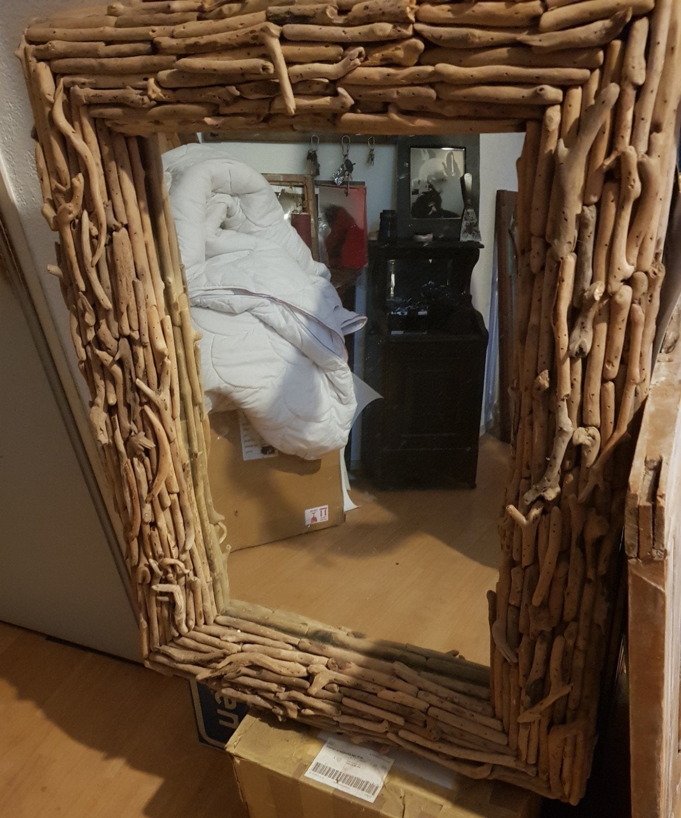 39,95 sprokkelhouten spiegel 60x80 in nette staat, Huis en Inrichting, Woonaccessoires | Spiegels, Ophalen, Minder dan 50 cm, Zo goed als nieuw