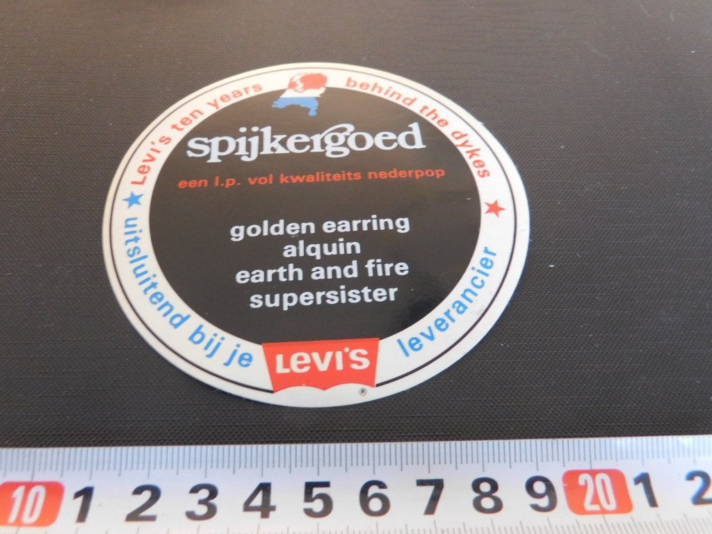 sticker spijkergoed lp levi's golden earring alquin earth &, Verzamelen, Stickers, Ophalen, Zo goed als nieuw