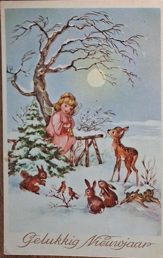Kerstengeltje en een hertje, Verzenden, 1940 tot 1960, Gelopen, Feest(dag)