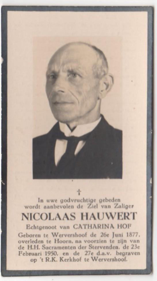 Nicolaas Hauwert 1877 Wervershoof + 1950 Hoorn, 72 jaar, Verzenden