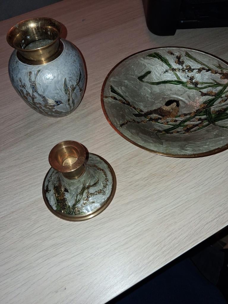 Vintage messing vaasje, bord en kandelaar met emaille decor, Ophalen of Verzenden
