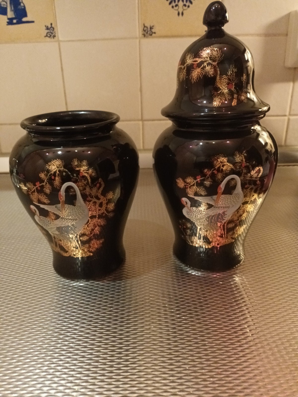 2 Deco Exclusieve vazen/potten Aziatische stijl kraanvogels, Ophalen of Verzenden
