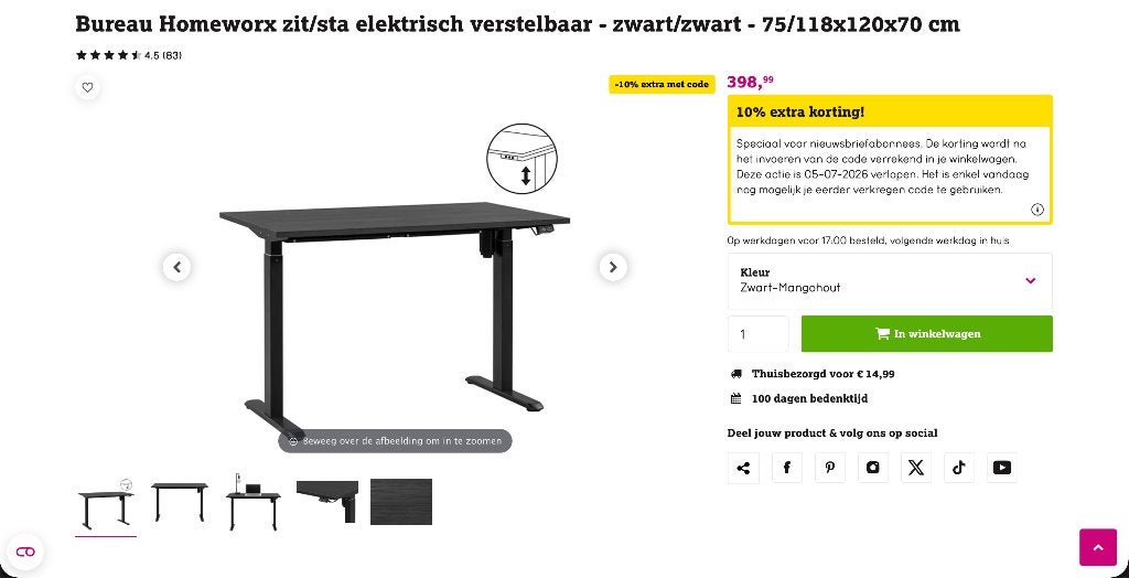Leen Bakker Homeworx Elektrisch Zit-Sta Bureau Nieuw in Doos, Huis en Inrichting, Bureaus, Ophalen, Zit-sta bureau, Elektrisch