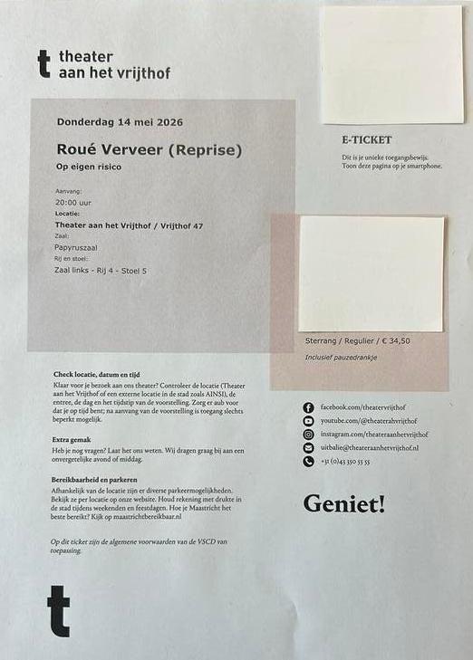 Roué Verveer 14 mei Maastricht, topplaats rij 4 - Stoel 5, Tickets en Kaartjes, Eén persoon, Overige soorten