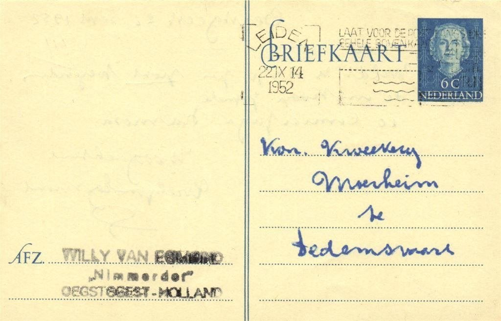 Willy van Egmond, Nimmerdor, Oegstgeest - 09.1952 - briefkaa, Ophalen of Verzenden, Briefkaart