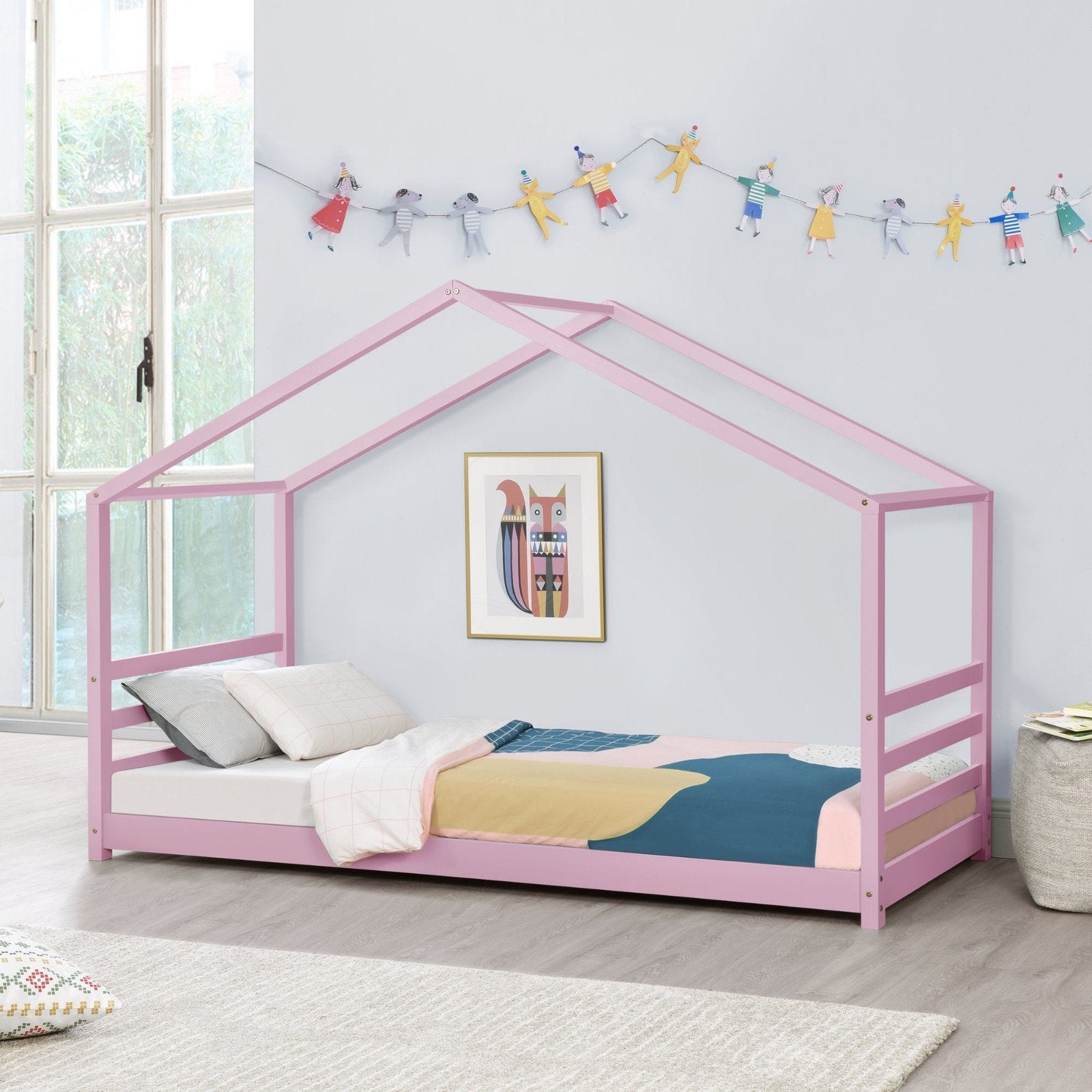 Roze kinderbed 90x200 met huisframe, Ophalen, 85 tot 100 cm, Gebruikt, Lattenbodem