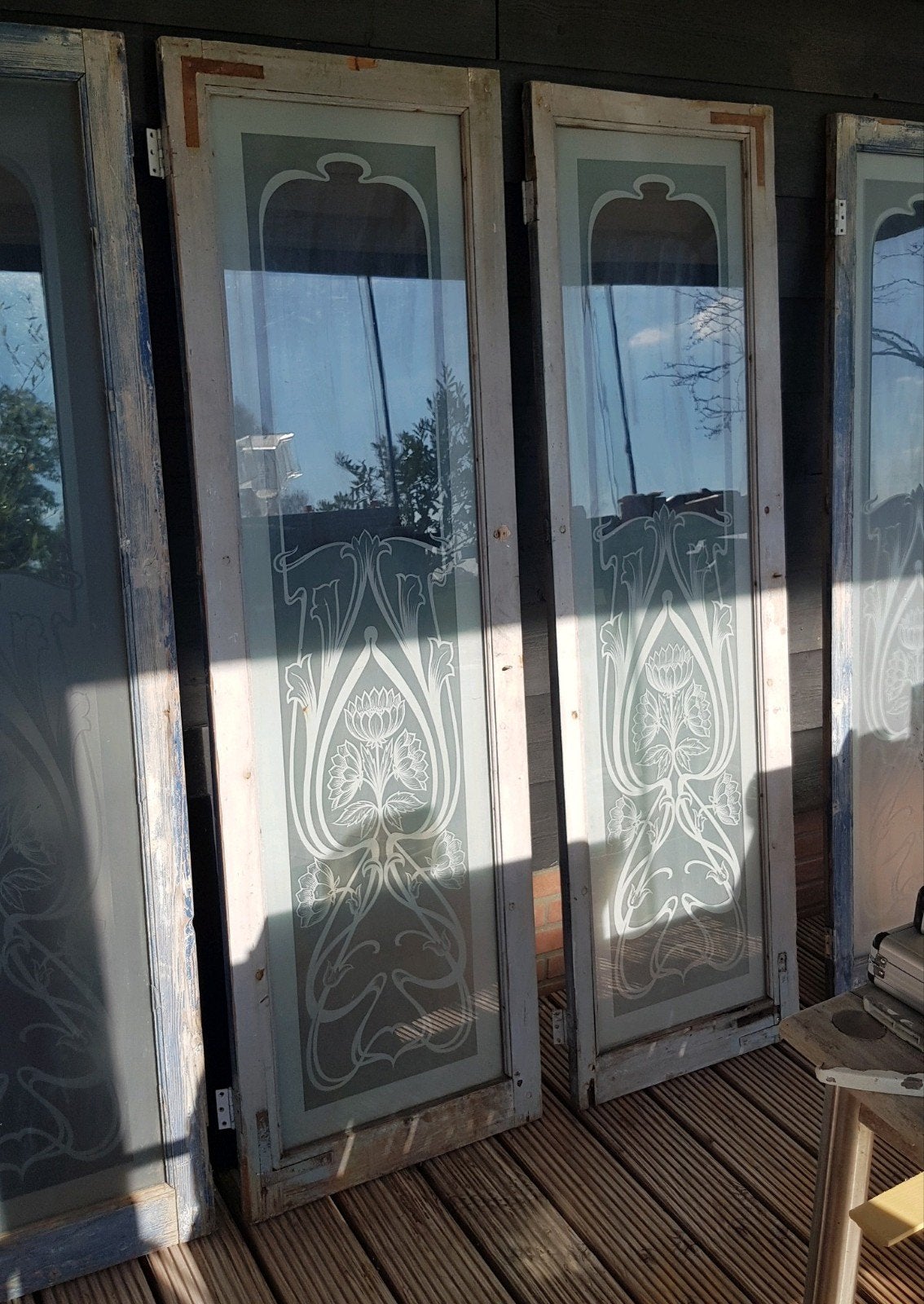 4 antieke art nouveau art deco jugendstil ramen glas, deuren, Ophalen, Gebruikt, Minder dan 75 cm, Raamkozijn