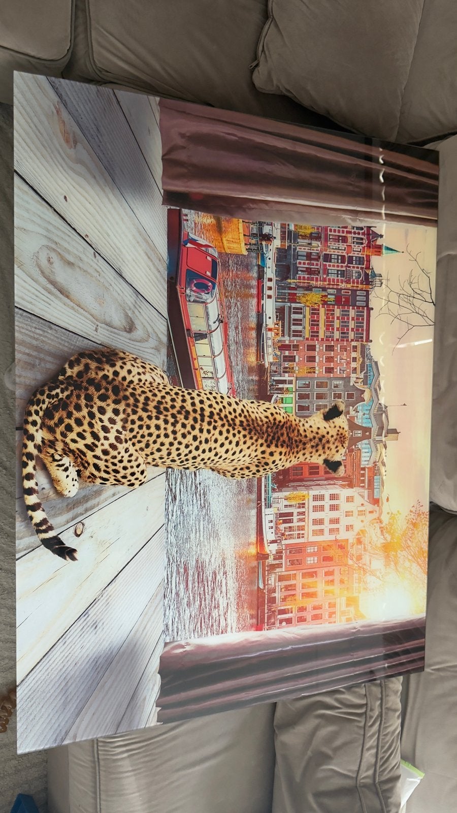 Schilderij met Cheetah en Amsterdamse grachten 120x80cm, Ophalen, Zo goed als nieuw, Schilderij, 100 tot 125 cm