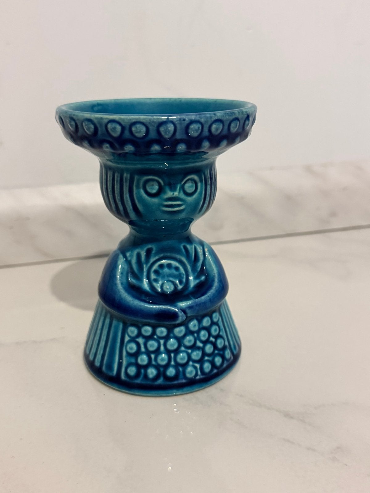 Vintage Keramieken Kandelaar - Blauw Figuur, Ophalen of Verzenden, Keramiek of Aardewerk