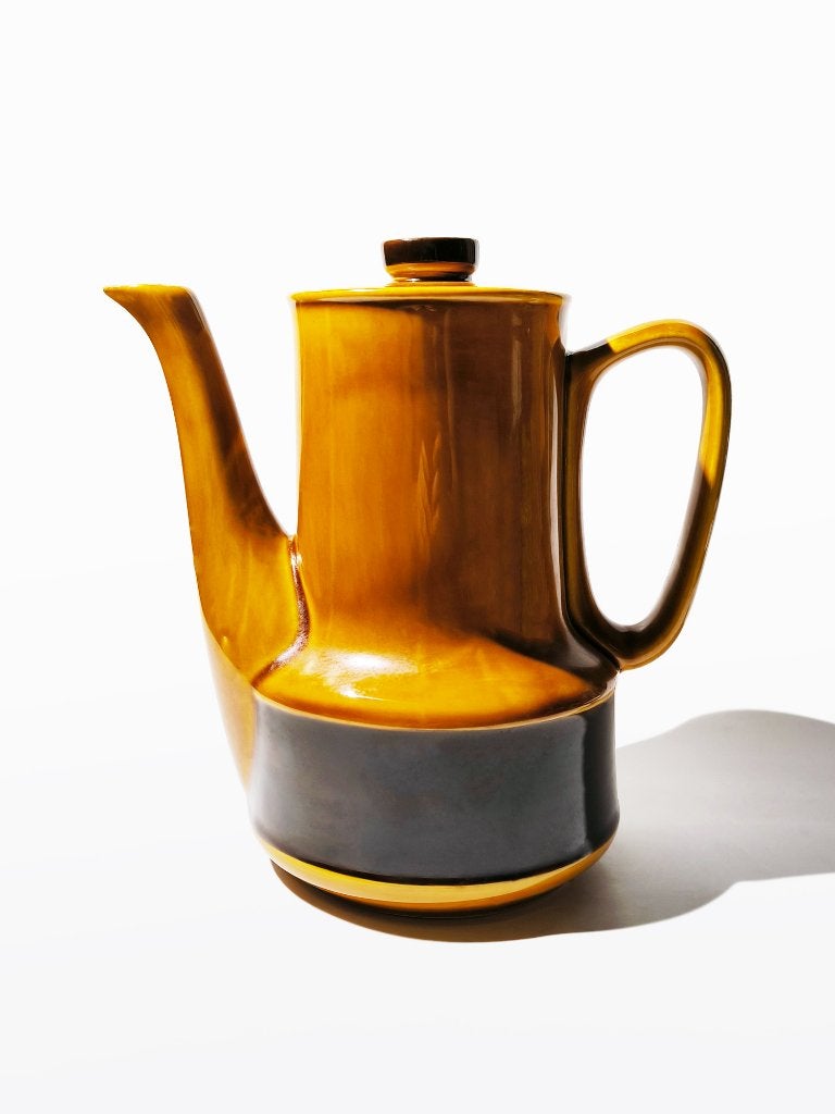 Hoge vintage theepot koffie pot okergeel, Verzenden, Keramiek, Overige typen, Zo goed als nieuw