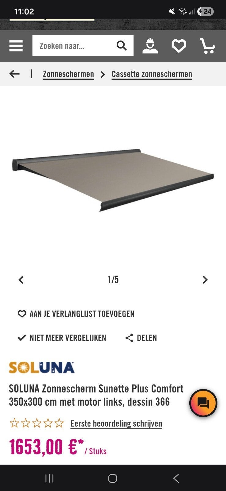 SOLUNA Zonnescherm Sunette Plus Comfort 350x300 cm, Ophalen, Nieuw, Knikarmscherm