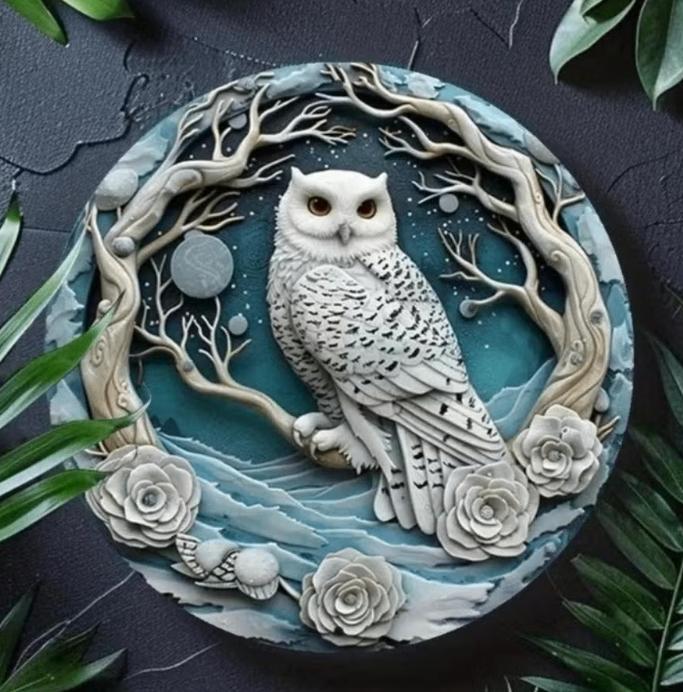 Vintage rond metalen bord Witte Uil (20cm), Ophalen of Verzenden, Nieuw