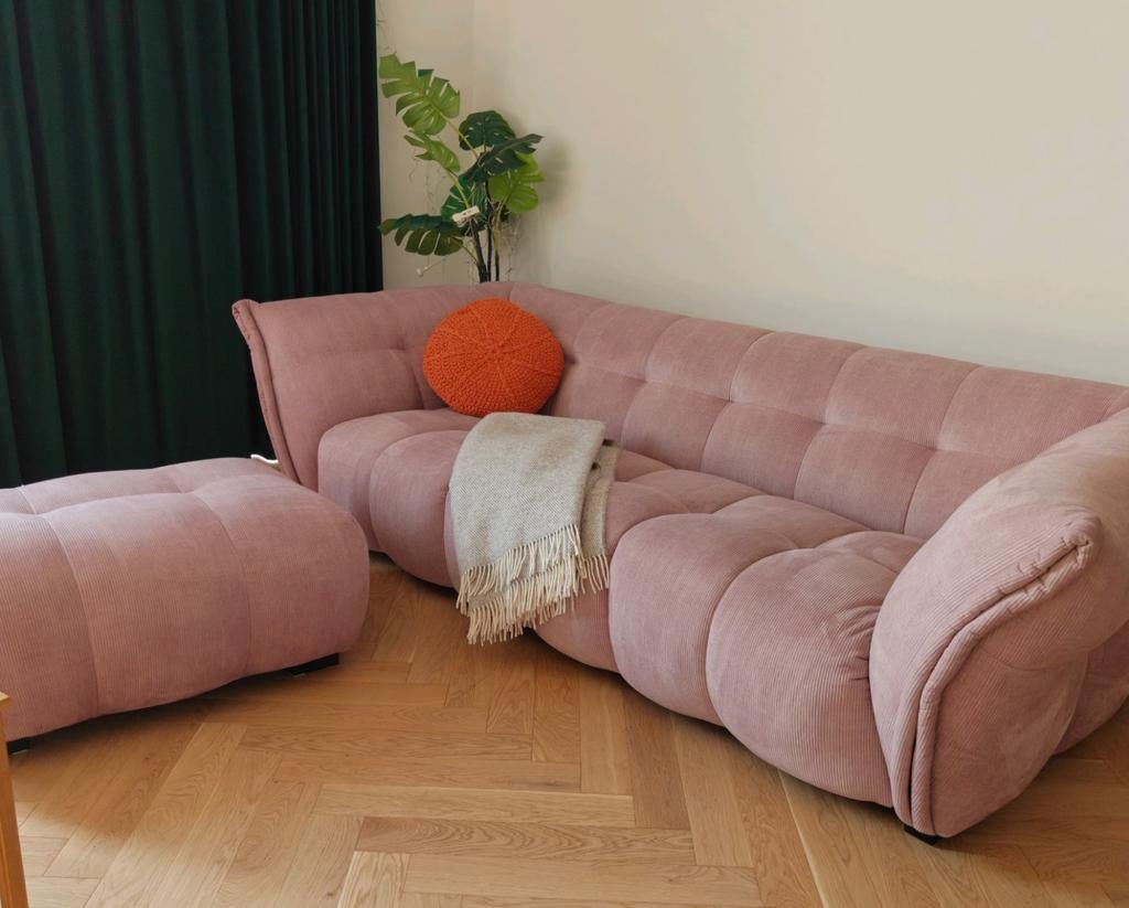 3-zits roze bank met pouf van Xooon Bellagio, Ophalen, Driepersoons, 75 tot 100 cm, Zo goed als nieuw