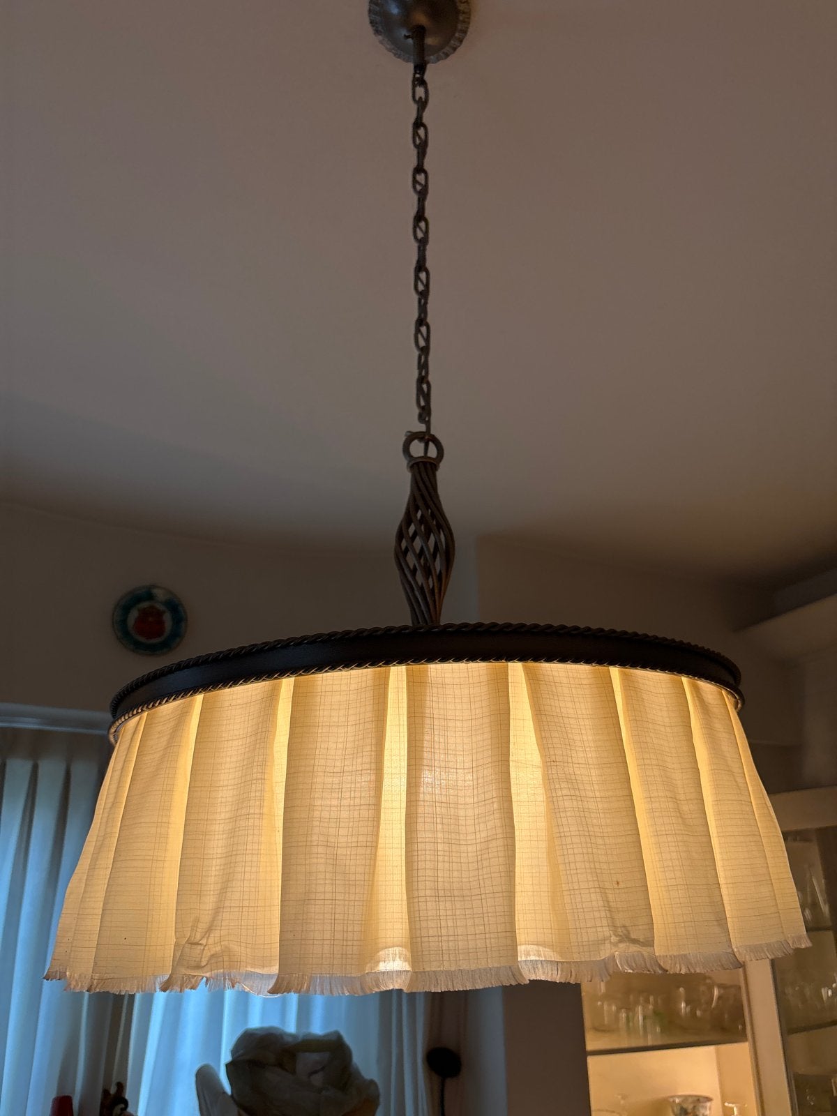 Vintage hanglamp met stoffen kap en metalen frame, Huis en Inrichting, Ophalen, Gebruikt, Metaal, E27 (groot)