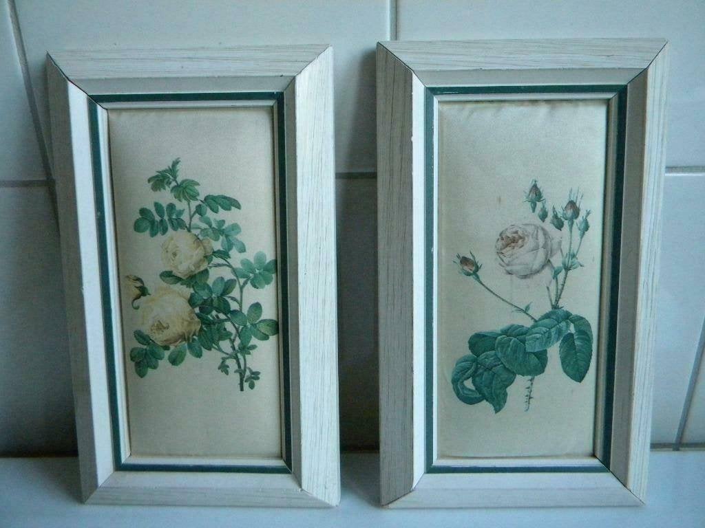 PRENT ZIJDE ROOS, 2 STUKS, IN LIJSTJE, BROCANTE LOOK, Ophalen of Verzenden, Gebruikt, Minder dan 50 cm, Overige typen