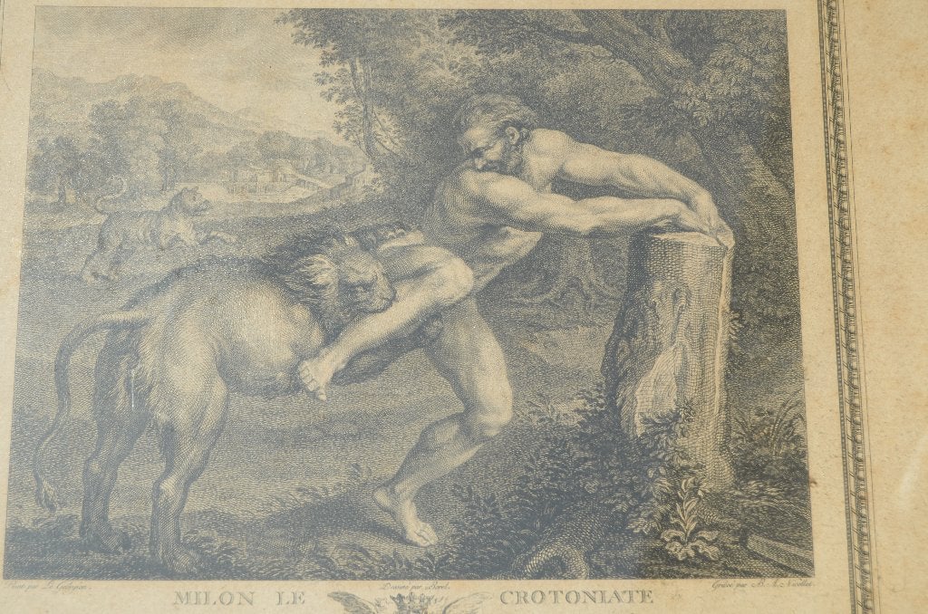 Franse gravure 'Milon le Crotoniate'  Duc d'Orleans ca 1786, Met tekst, Mythologie, Ophalen of Verzenden, Gravure