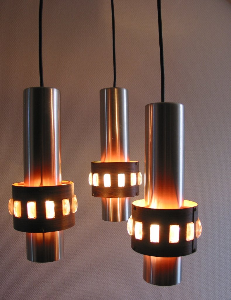 vintage lakro hanglamp drie kelk jaren 70 metaal glas oranje, Glas, Gebruikt, Vintage mid century, E27 (groot)