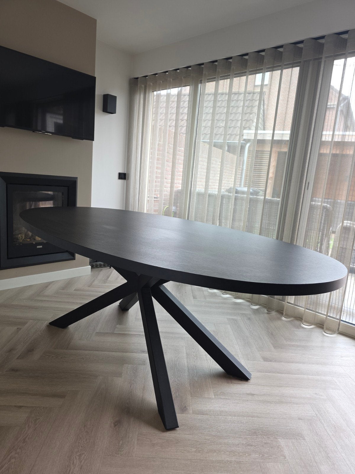 Zwarte ovale eettafel 220 x 120 cm – dik blad & spinnenpoot, Ophalen, Gebruikt, 100 tot 150 cm, 200 cm of meer