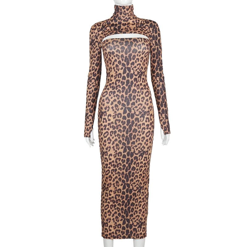 Dames luipaard jurk met lange mouw strakke panter jurkje, Bruin, Verzenden, Maat 42/44 (L), Nieuw