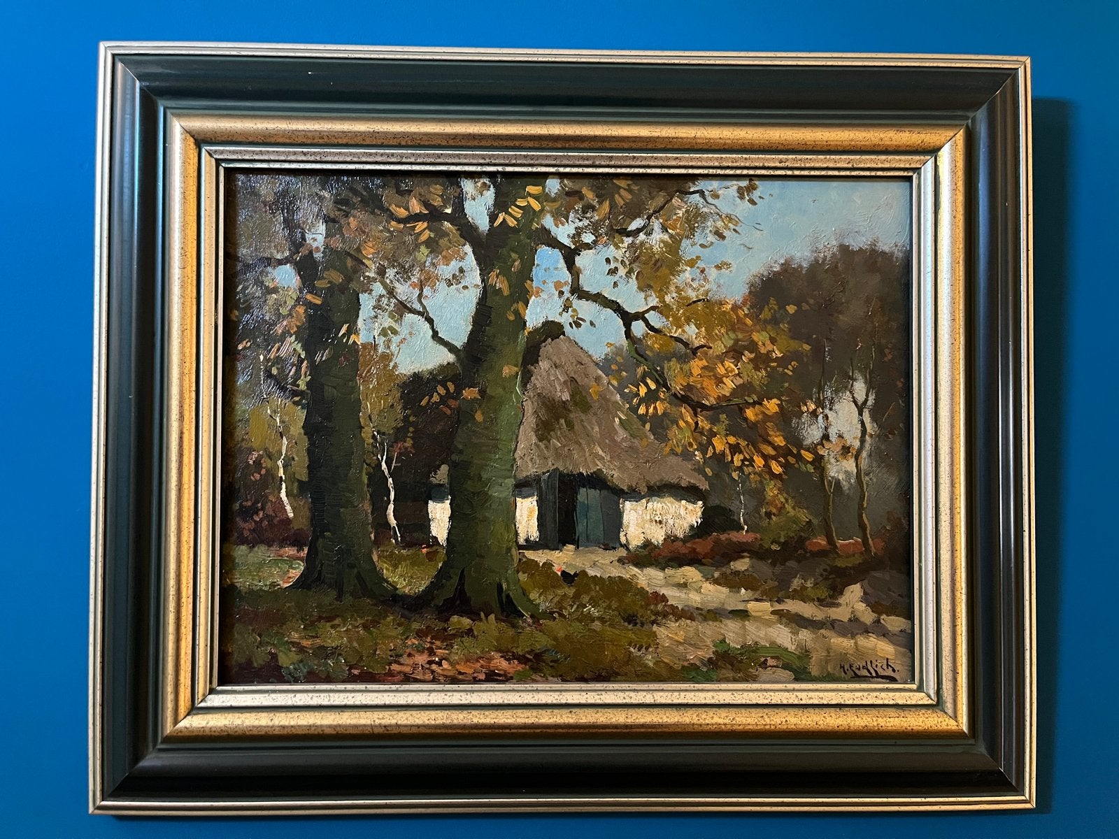Schilderij Boerderijtje in het bos - Jan Simon Knikker, Doek, Realistisch, Ophalen of Verzenden, Gesigneerd