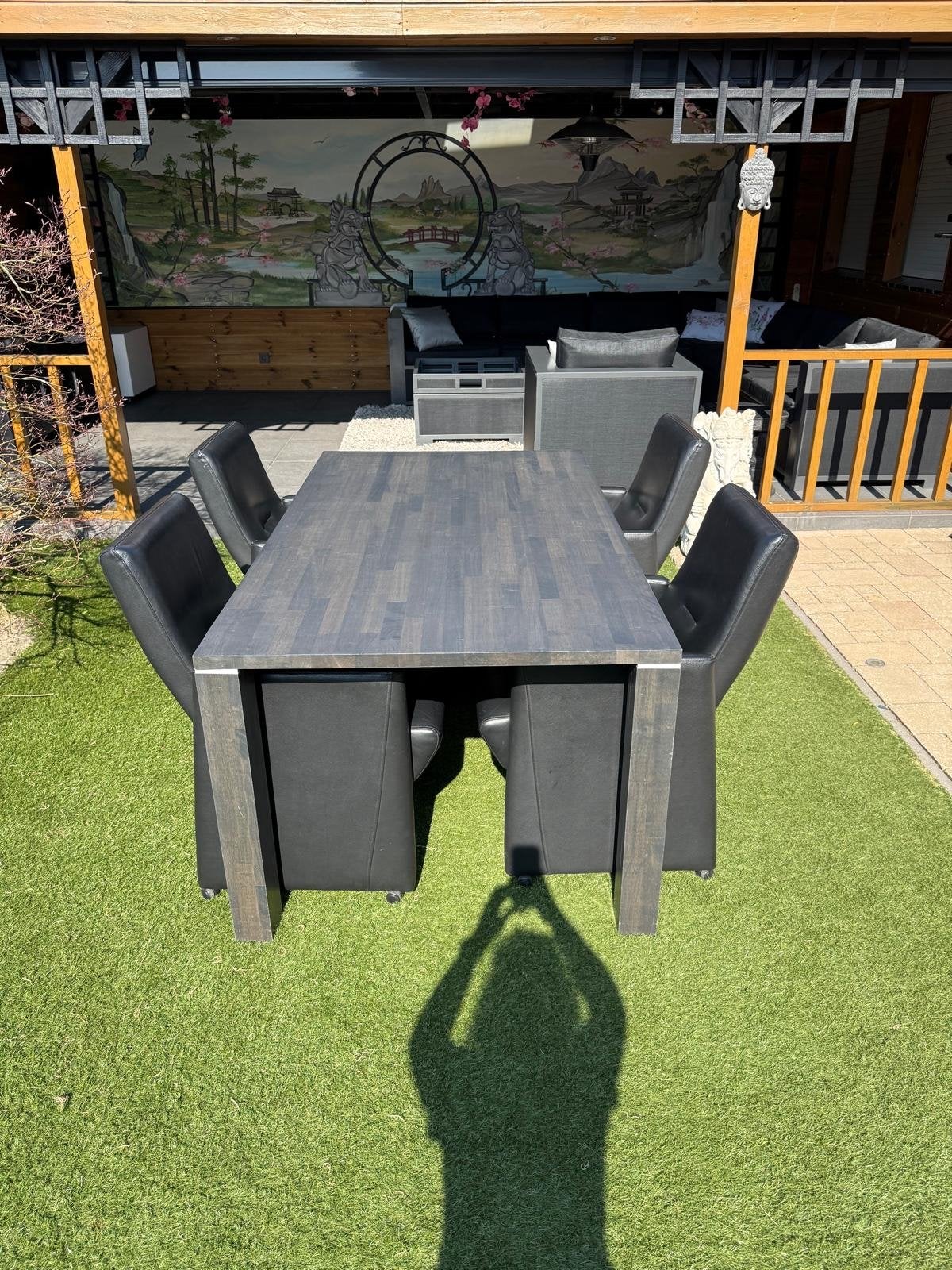 Houten eettafel (1.80m) met 4 zwarte leren stoelen, Huis en Inrichting, Tafels | Eettafels, Ophalen, Gebruikt, 150 tot 200 cm